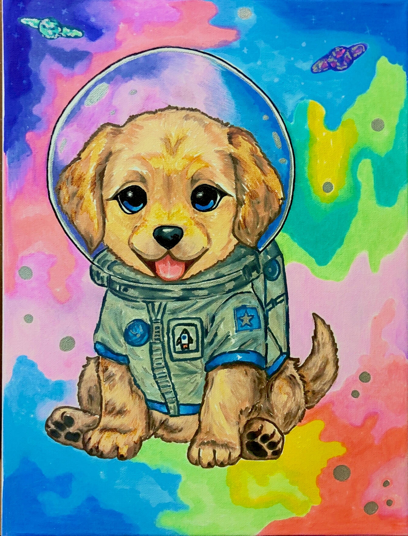 ASTRO-PUP, acrylic on canvas, 11.7 x 16.5 inches, commissioned and SOLD